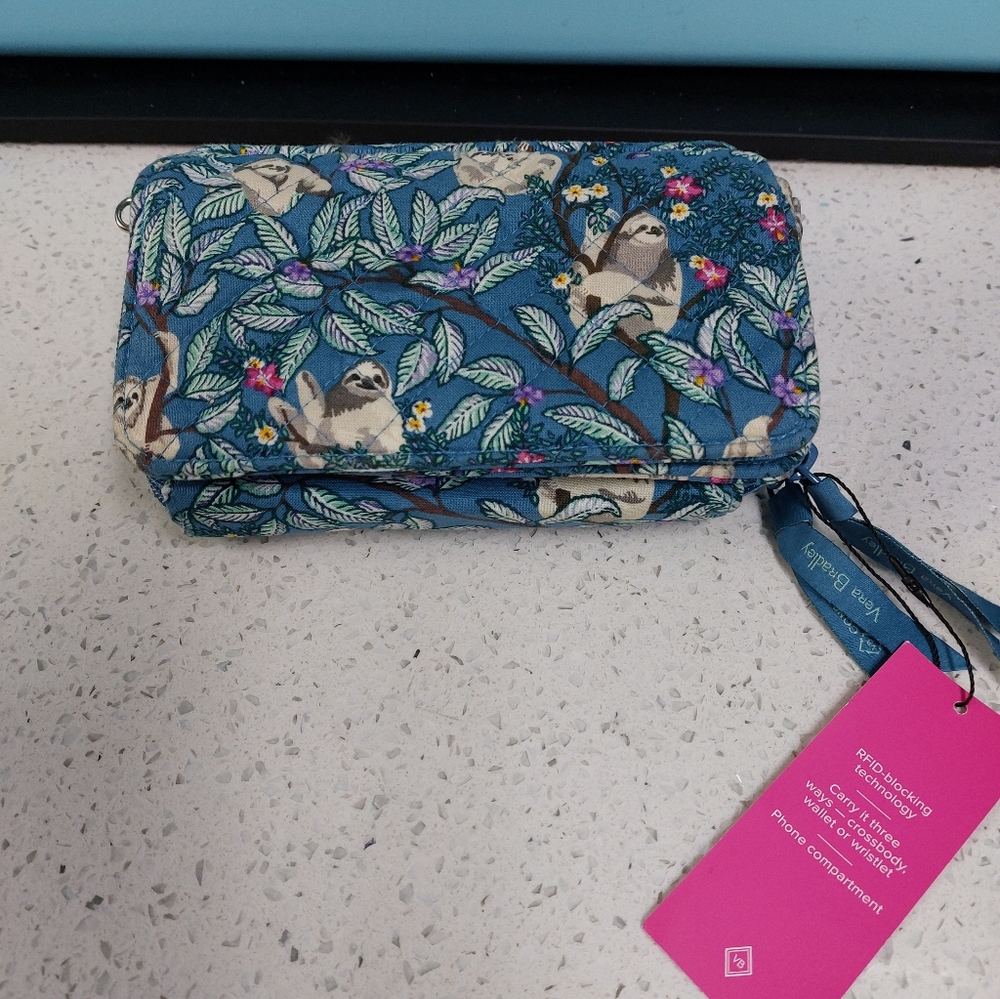 Vera Bradley RFID All In One Crossbody Wallet Hanging Around Sloths NWT